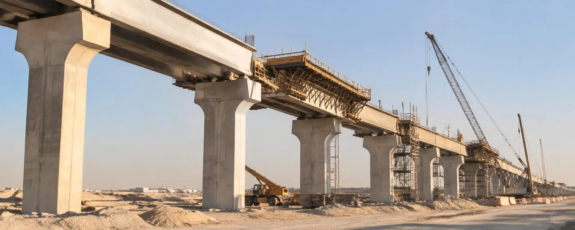 Concrete viaduct under construction with piers, formwork and cranes