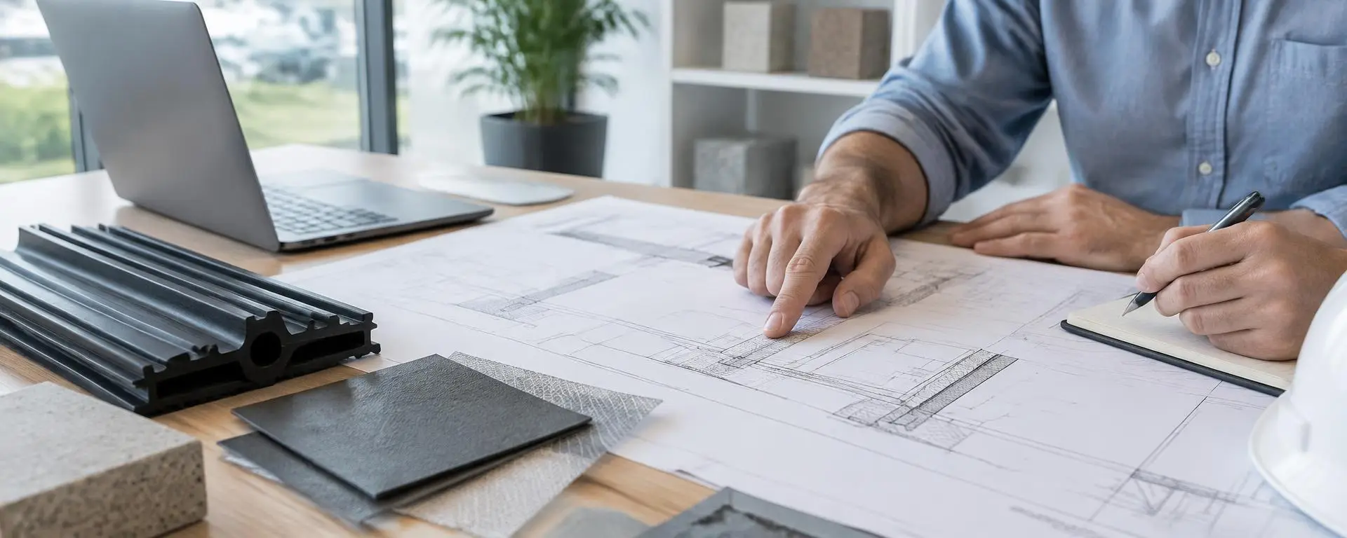 Engineer reviewing construction plans beside waterstop and membrane samples