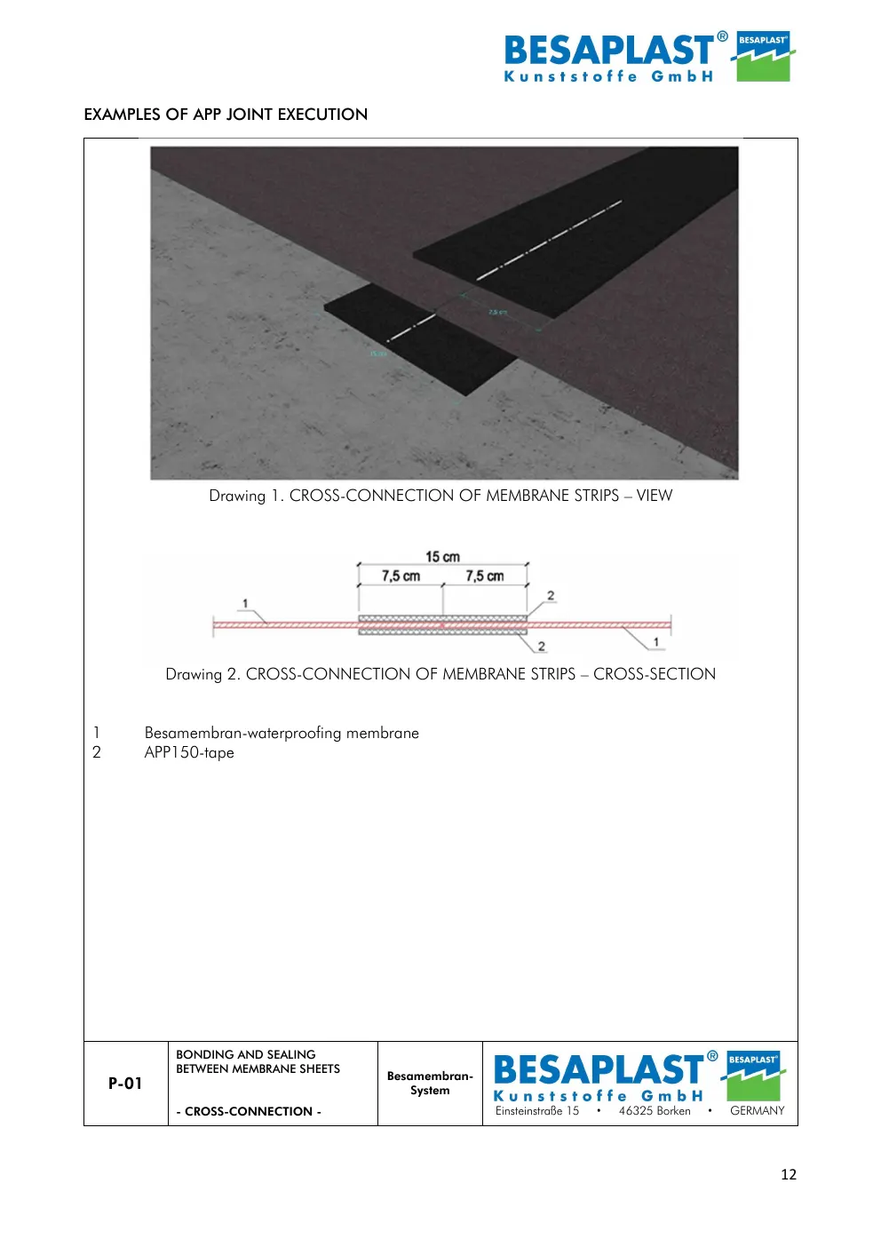 P-01 Bonding and sealing between membrane sheets — cross-connection — manufacturer drawing, data sheet page 12