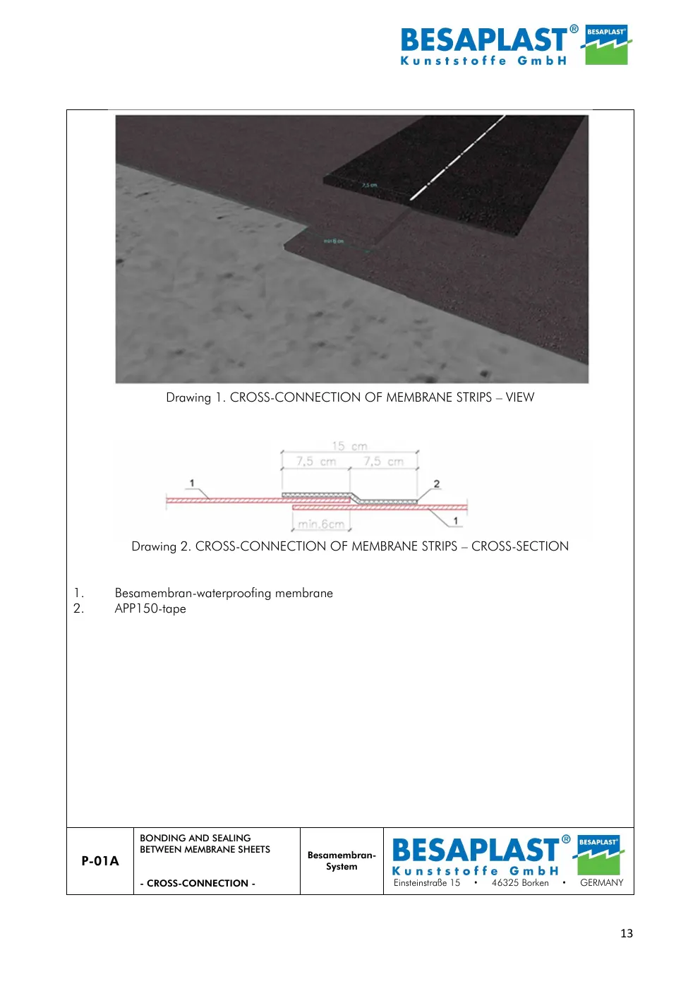 P-01A Bonding and sealing between membrane sheets — cross-connection (variant A) — manufacturer drawing, data sheet page 13