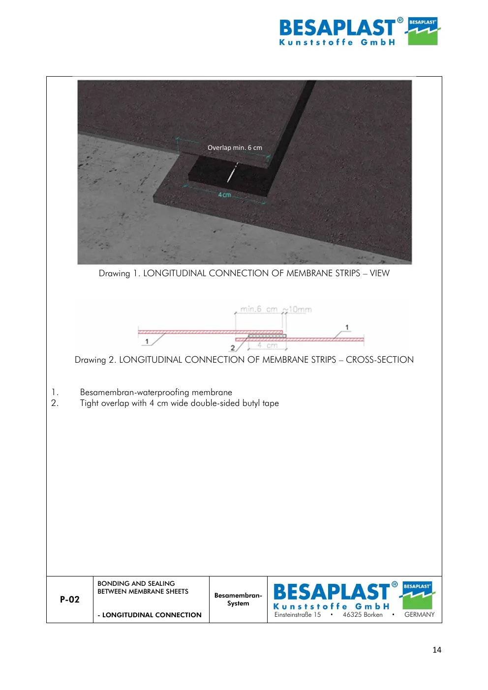 P-02 Bonding and sealing between membrane sheets — longitudinal connection — manufacturer drawing, data sheet page 14