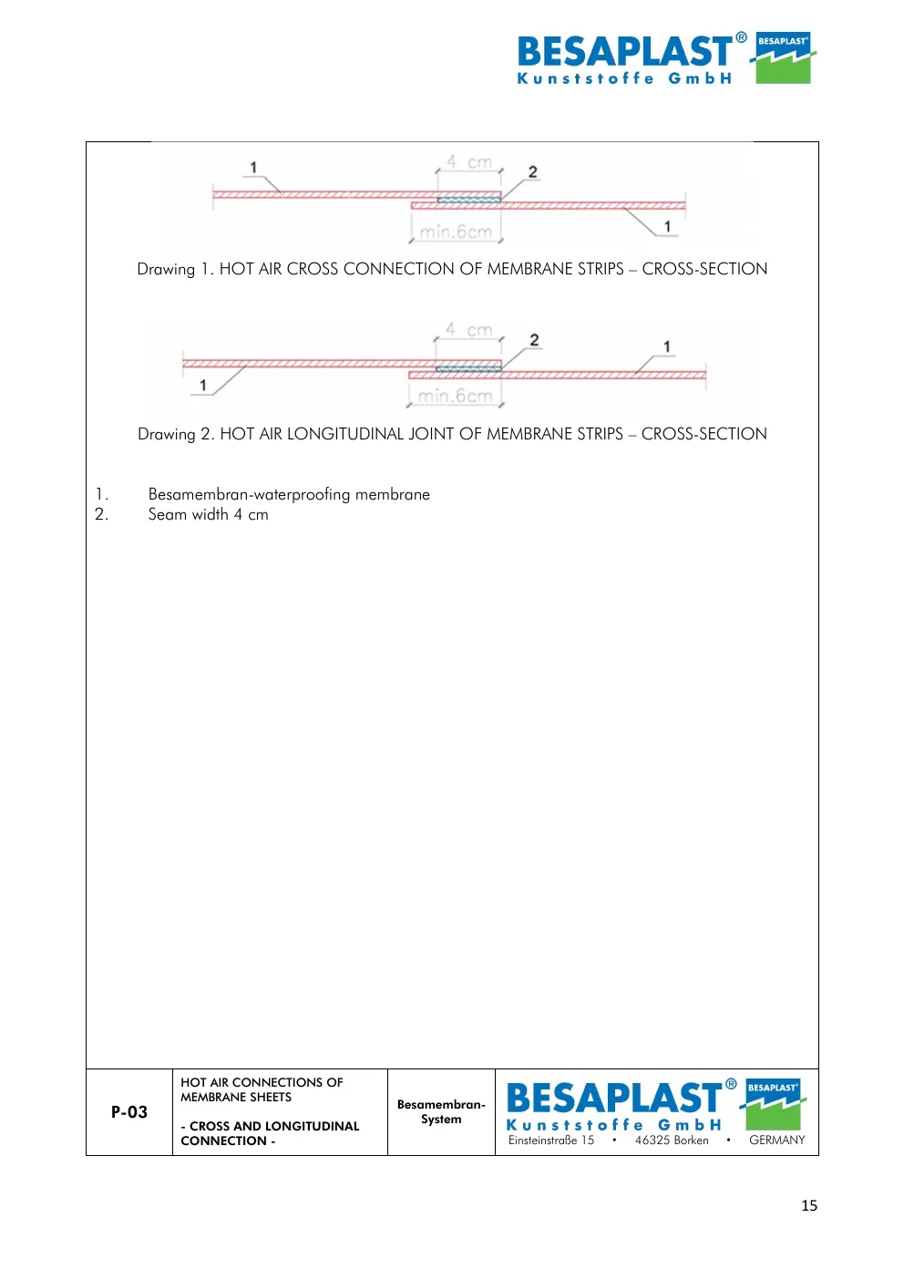 P-03 Hot air connections of membrane sheets — cross and longitudinal connection — manufacturer drawing, data sheet page 15