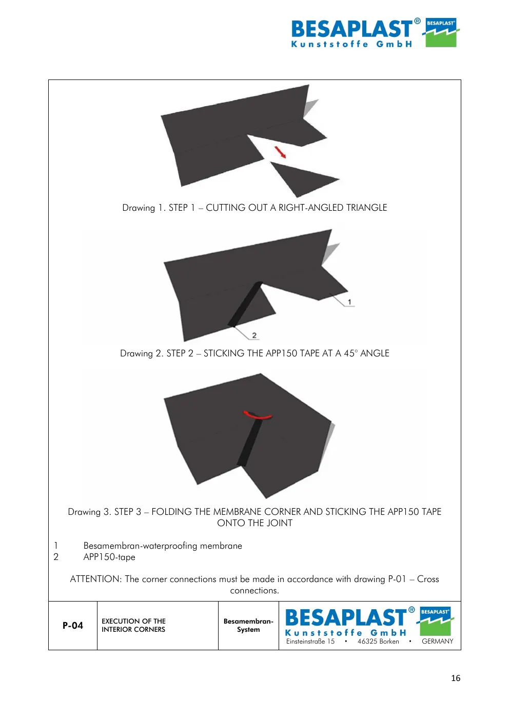 P-04 Execution of the interior corners — manufacturer drawing, data sheet page 16
