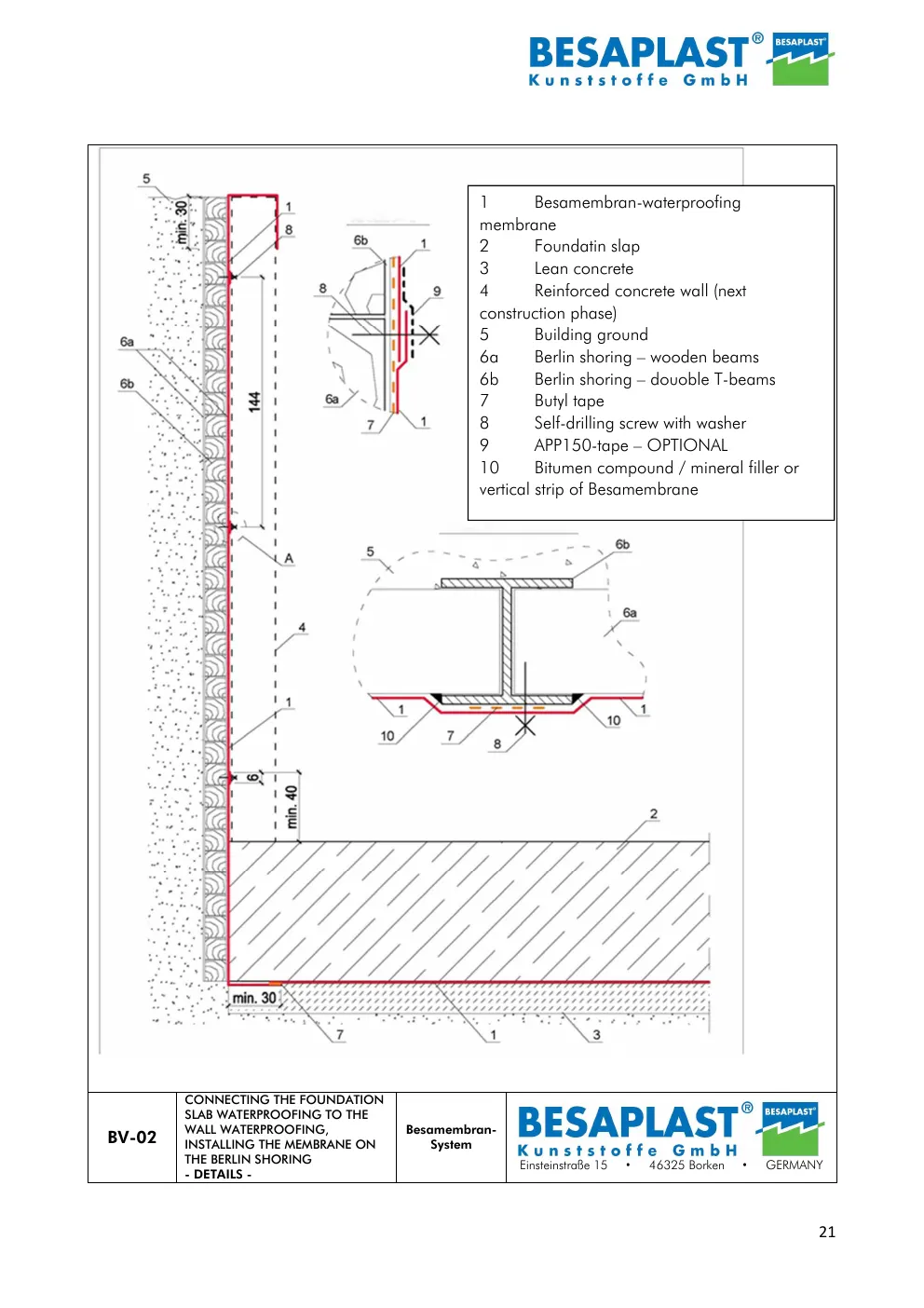 BV-02 Connecting the foundation slab waterproofing to the wall waterproofing, installing the membrane on the Berlin shoring — details — manufacturer drawing, data sheet page 21