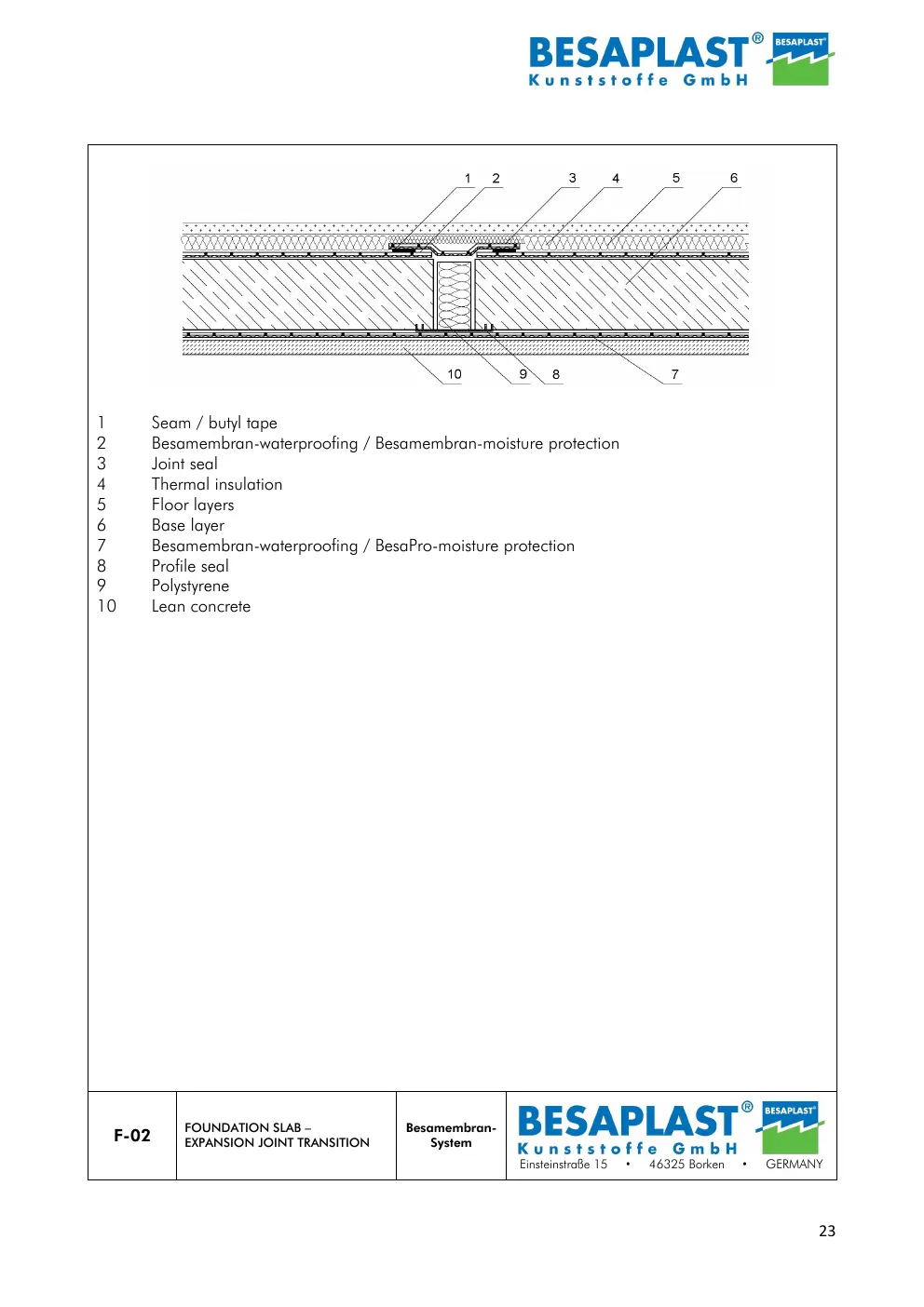 F-02 Foundation slab — expansion joint transition — manufacturer drawing, data sheet page 23