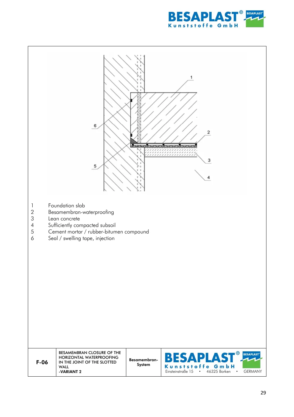 F-06 Waterproofing in the joint of the slotted wall — alternative arrangement — manufacturer drawing, data sheet page 29